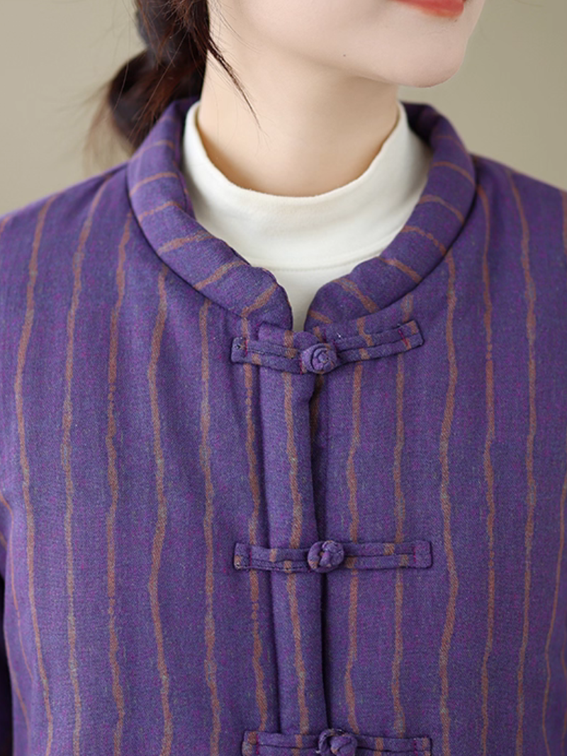 Heritage-inspired striped cotton jacket with mandarin collar, elegant women's outerwear