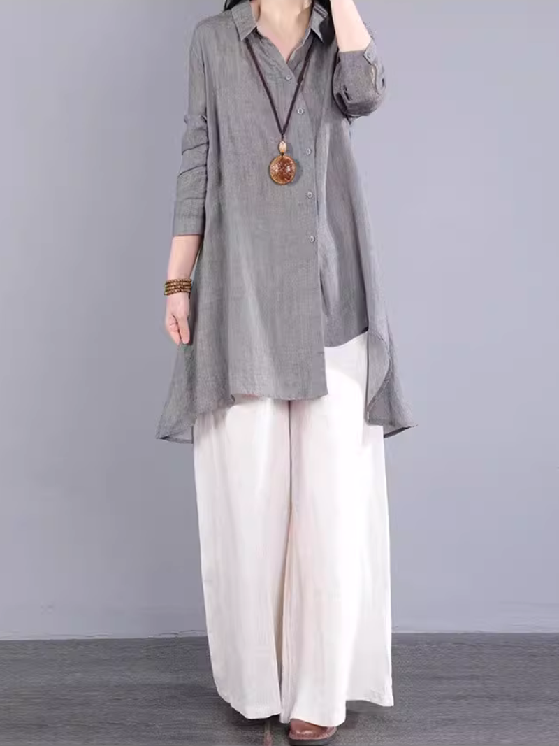 Asymmetric Longline Linen Shirt Tunic in Cotton Linen Blend, Refined