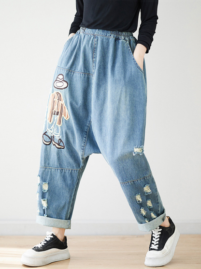 Stilvolle Jeans mit Cartoon-Stickerei für Damen mit lockerer Hose