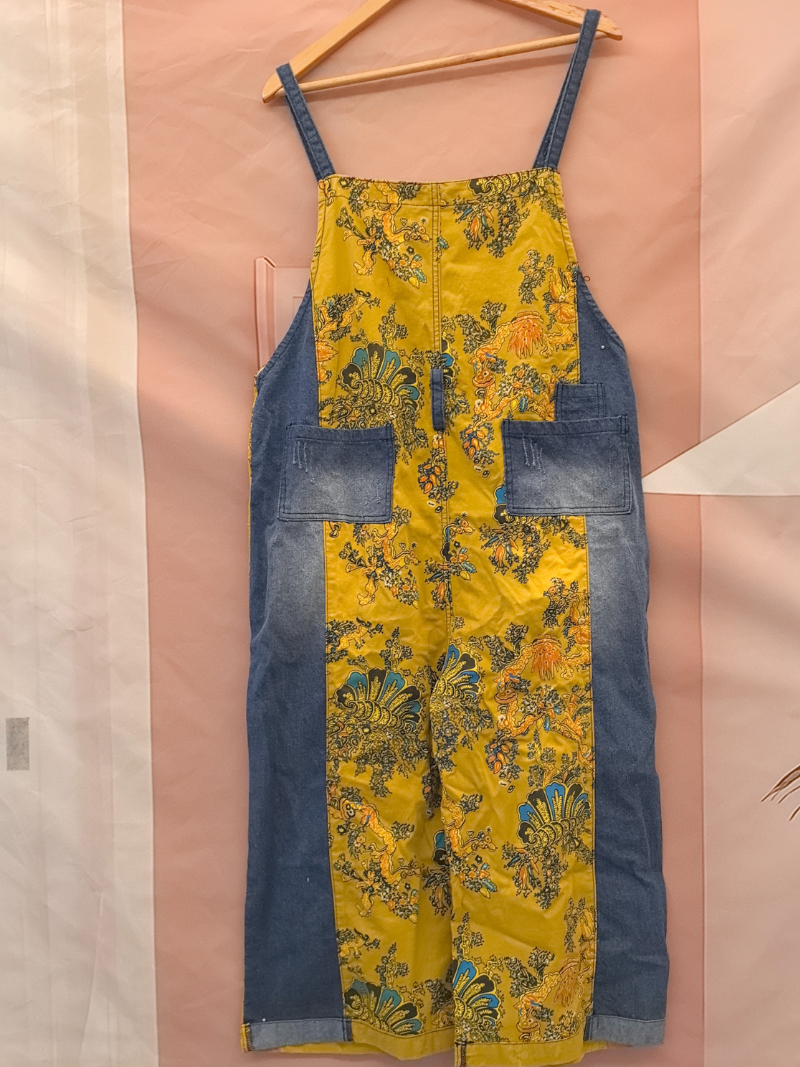 Boho Vintage Print Dungarees with Denim Panels - Cropped Loose Overalls