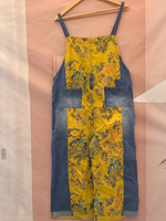 Boho Vintage Print Dungarees with Denim Panels - Cropped Loose Overalls