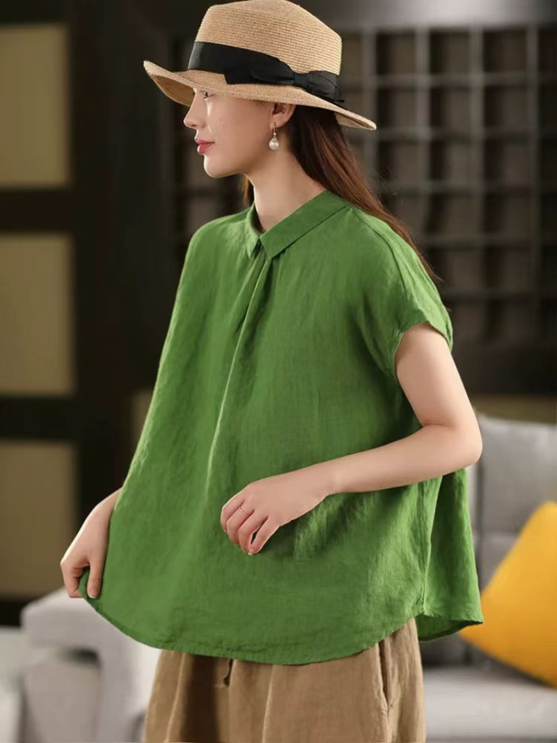 Women’s Ramie Collar Shirt Top Loose Fit Casual Wear