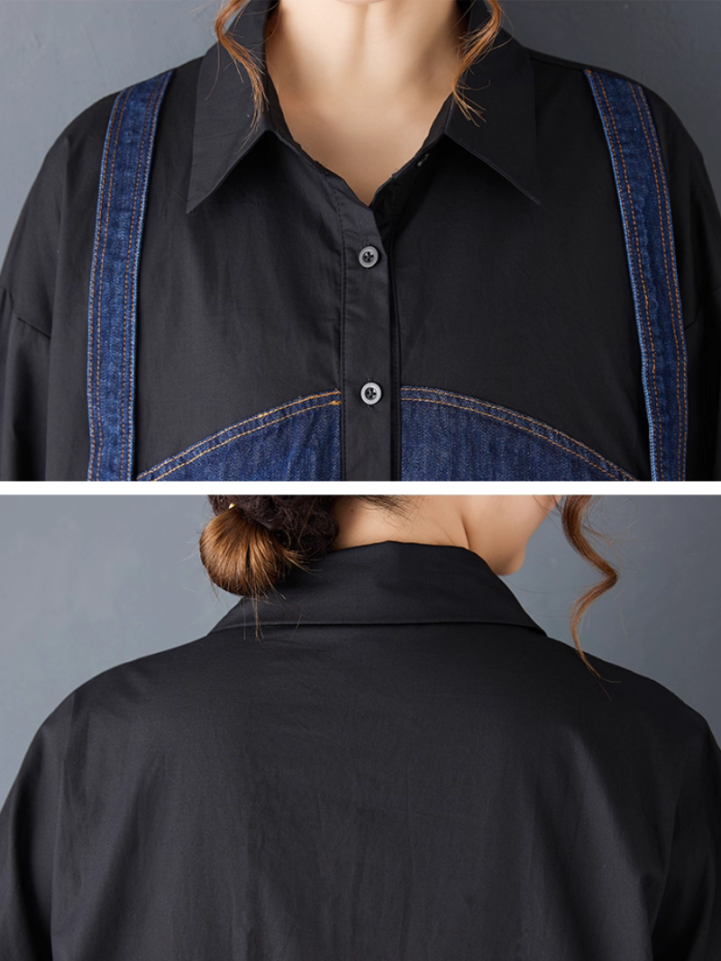 Oversized Button-Down Shirt with Denim Contrast Panels, Modern Minimal Elegance