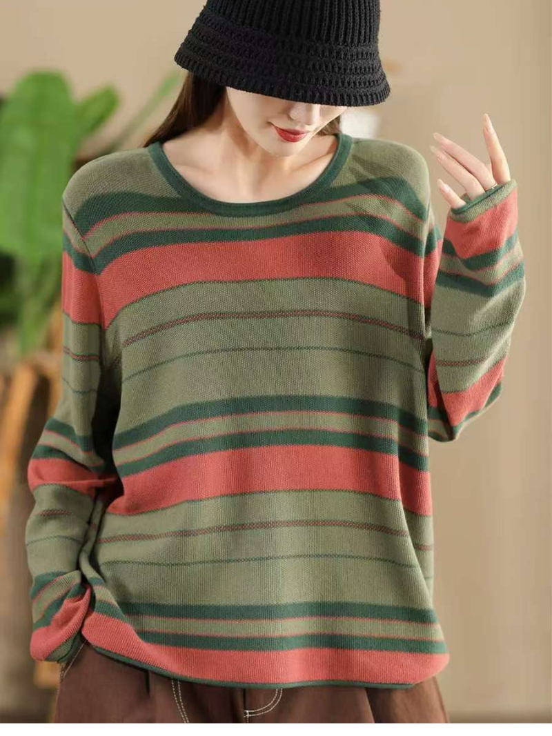 Women’s Retro Stripe Cotton Knit Pullover Sweater