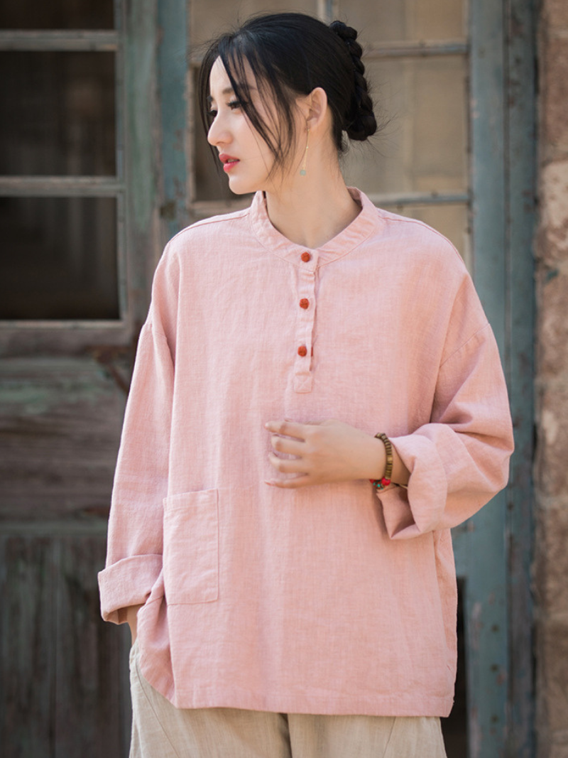 Artisan Mandarin-Collar Linen Blouse with Henley Buttons, Relaxed Silhouette, Pocket
