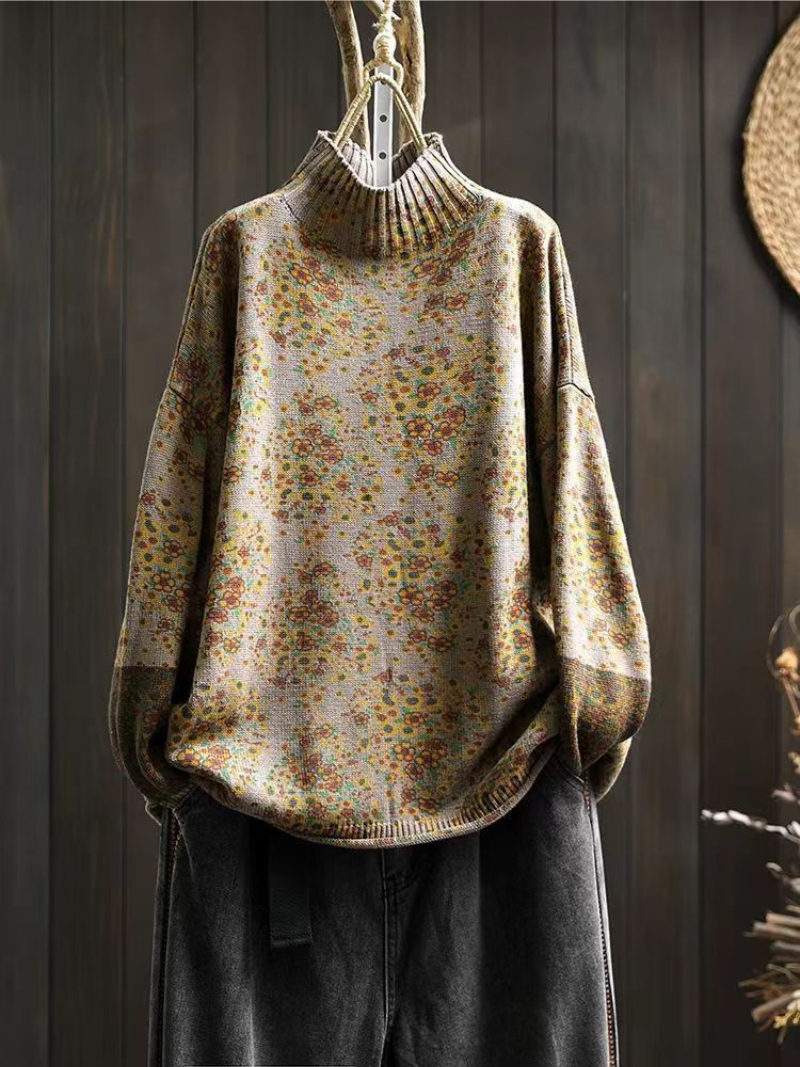 Women’s Floral Print Half Turtle Neck Knit Sweater