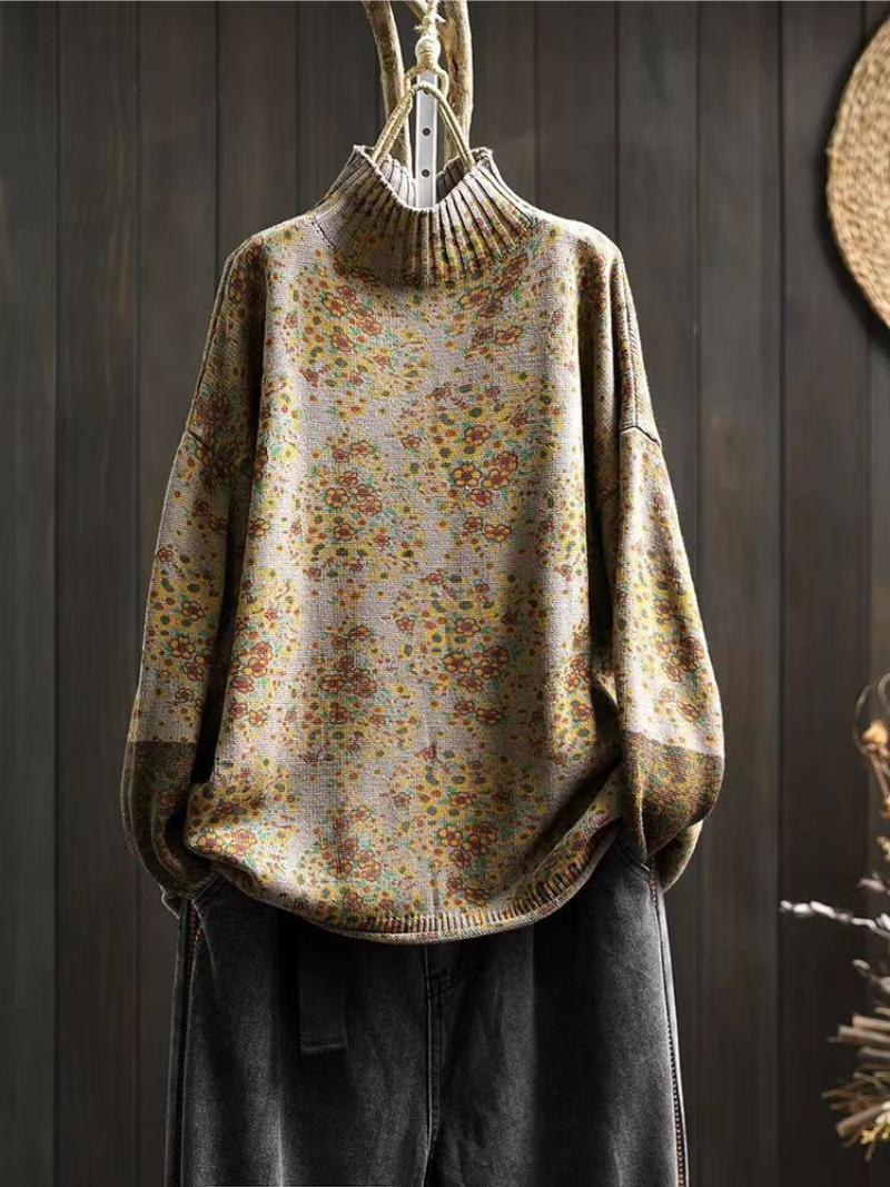 Women's Autumn and Winter Retro Half-Turtle Collar Printed Sweater