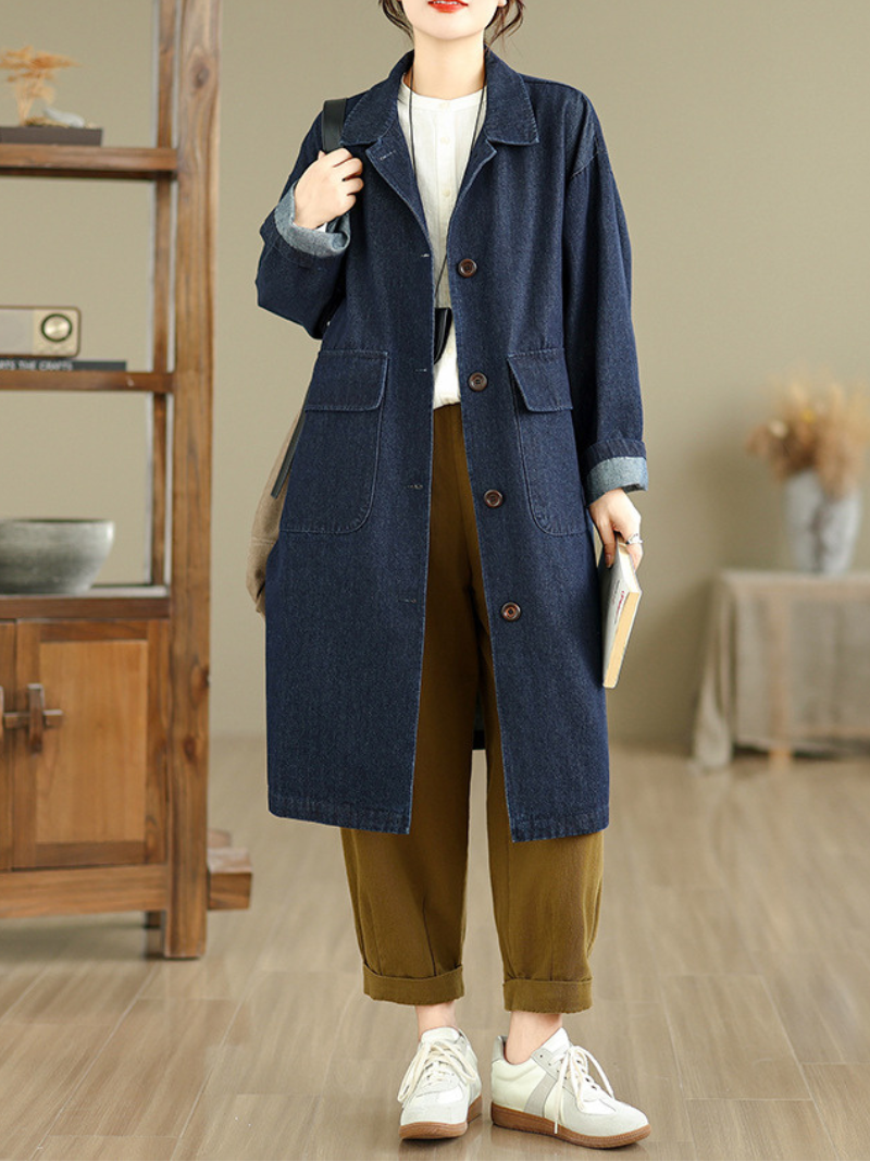 Artfully Relaxed Long Denim Cotton Coat with Notched Collar, Patch Pockets