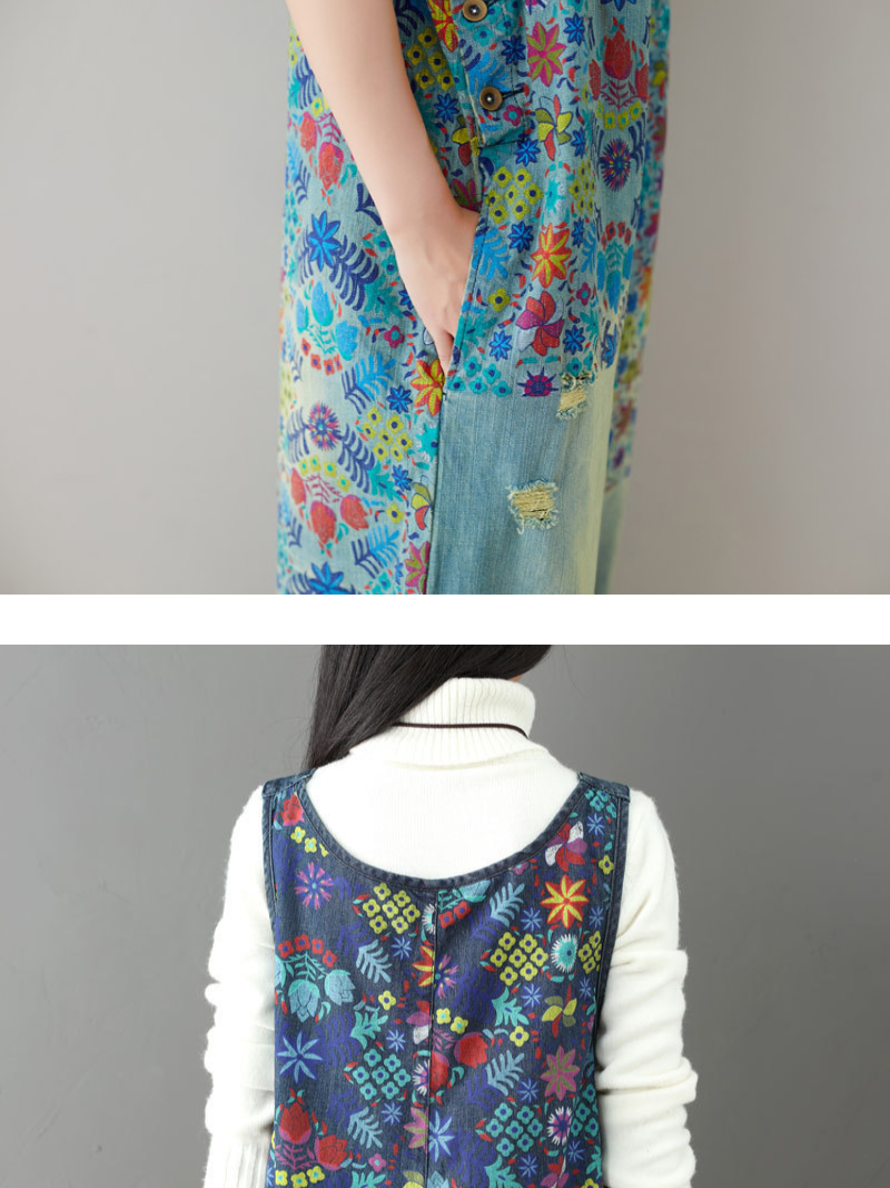 Salopette en coton denim à jambes larges bohème avec imprimé floral patchwork vibrant 