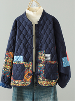 Patchwork Quilted Mandarin-Collar Jacket in Cotton & Flax, Women's Outerwear