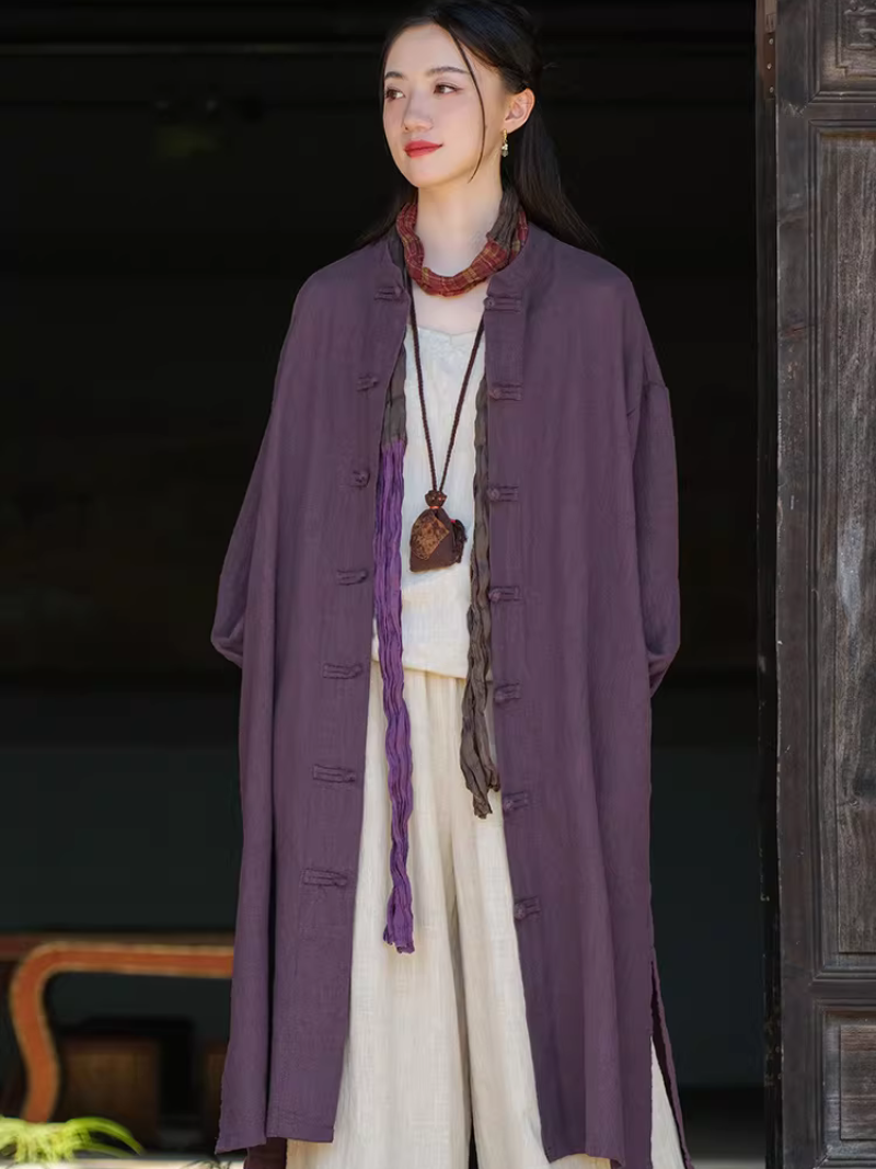 Chic Cotton Linen Mandarin-Collar Duster Coat with Frog Closures, Timeless Elegance