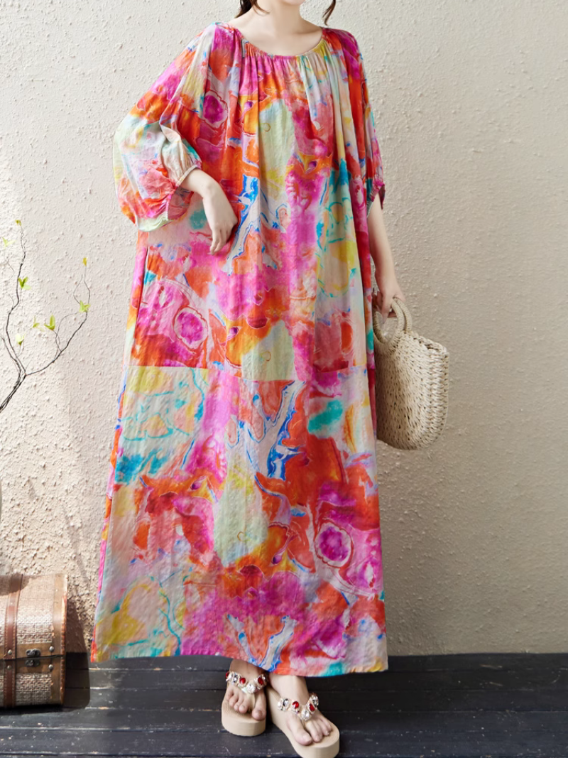 Women's Retro Elastic Summer Printed A-line Kaftan Dress