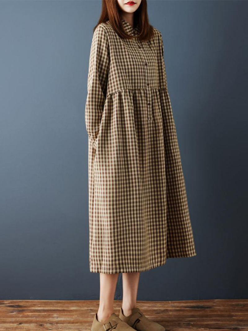Gingham Cotton-Linen Midi Shirt Dress with Pockets and Gentle Volume