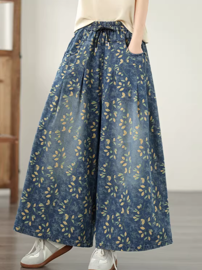 Floral Denim Cotton Palazzo Pants with Pockets, Elegant Wide-Leg Trousers