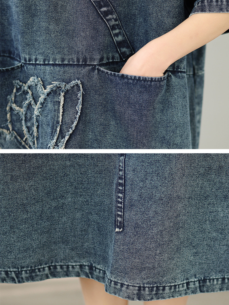 Artful Bloom Denim Dress, Relaxed V-Neck Midi in Washed Cotton