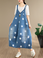 Polka Dot Denim Dress in Cotton, Relaxed A-Line Pinafore Midi