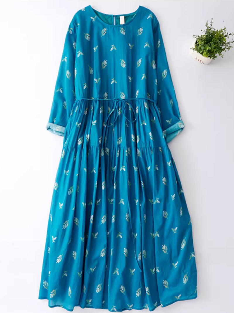 Botanical Print Boho Midi Dress with Tie Waist, Effortlessly Elegant
