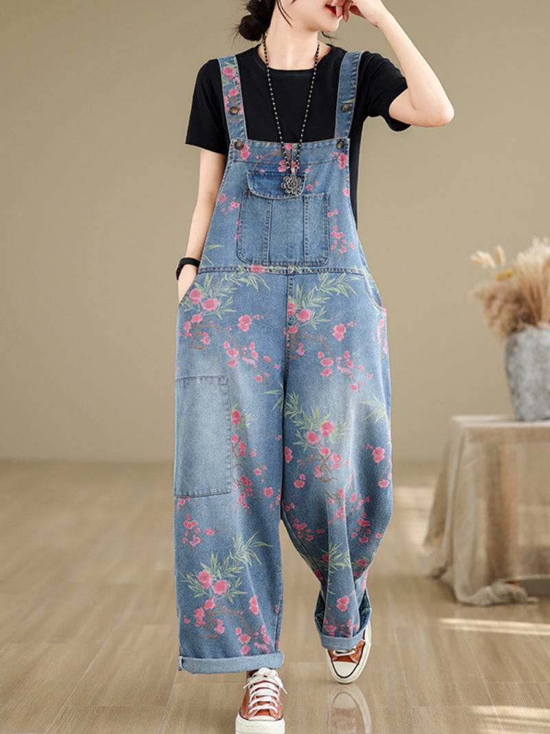Casual wide leg denim dungarees with floral print – trendy plus size retro overalls for women