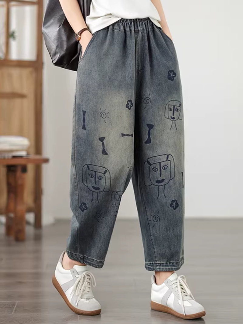 Artful Doodle Denim Cotton Tapered Pants, Relaxed Casual Women’s Jeans