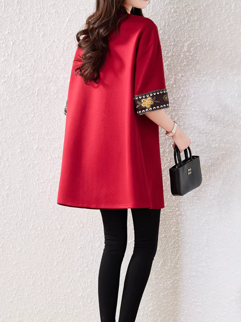 Embroidered Sleeve A-Line Tunic Top for Effortless Chic Everyday Style