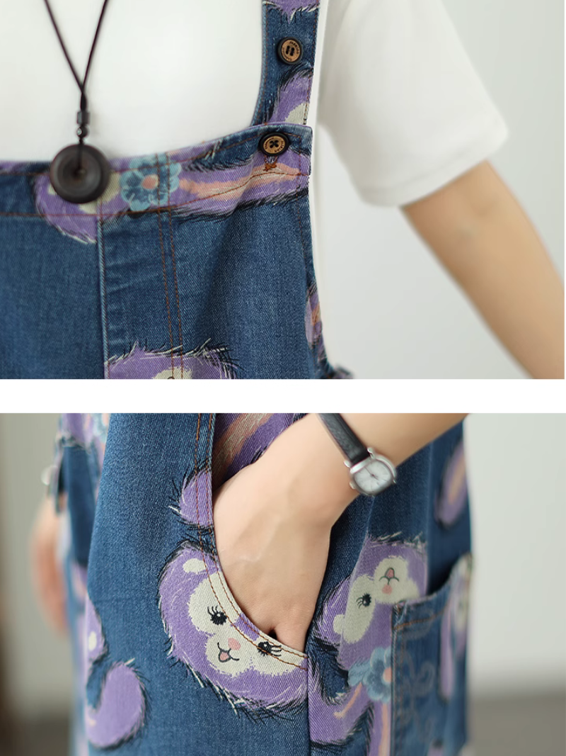 Cartoon Style Printed Denim Short Overalls for Women | Eva Trends