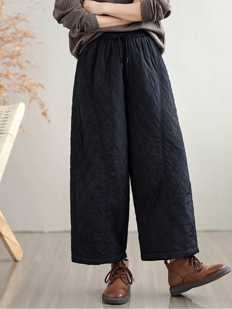 Women's Quilted Wide-Leg Cotton Blend Winter Pants with Drawstring Waist