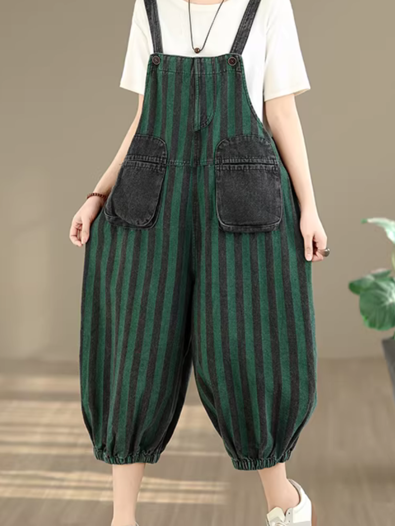 Chic striped cotton-blend harem overalls with patch pockets for women