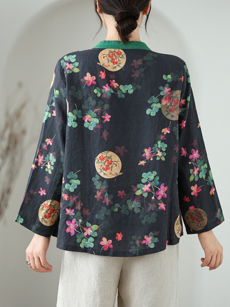 Artisanal Cotton-Linen Floral Blouse with Mandarin Collar and Wrap Detail