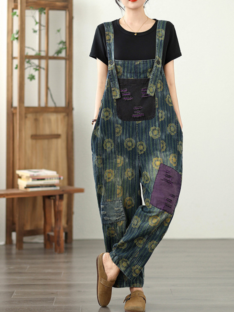 Denim floral décontracté et tendance des femmes Dungaree dans l'ensemble
