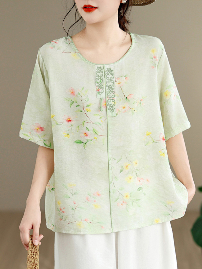 Sunlit Brunch Floral Blouse — Breathable Cotton-Linen, Effortlessly Polished Everyday Comfort