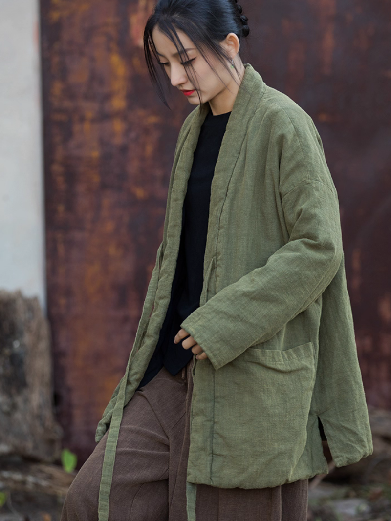 Chic Linen Jacket Wrap Style with Patch Pockets and Soft Belt