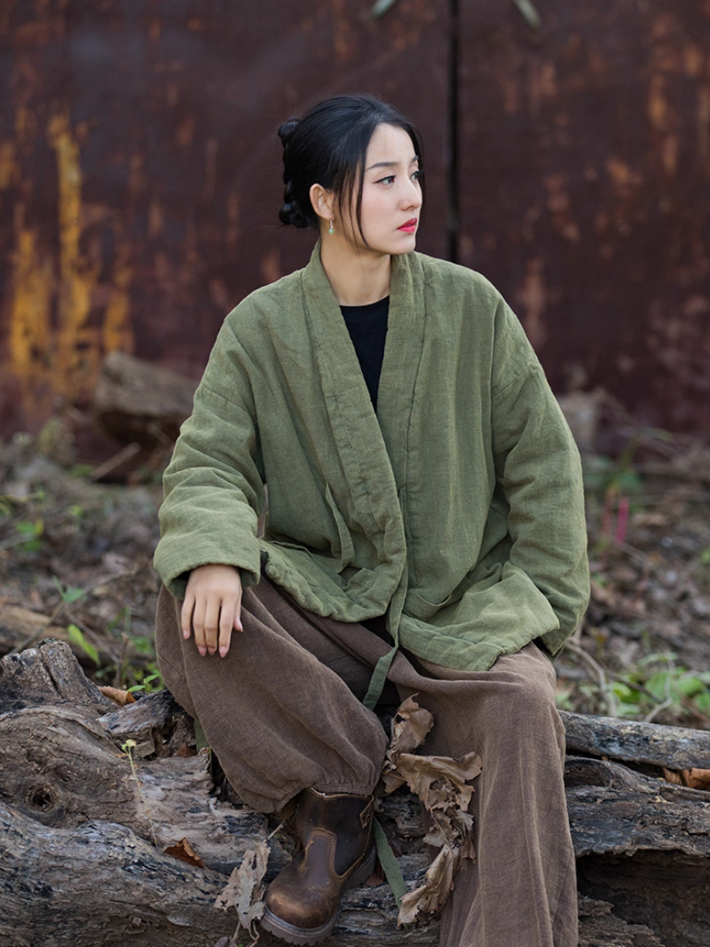 Chic Linen Jacket Wrap Style with Patch Pockets and Soft Belt