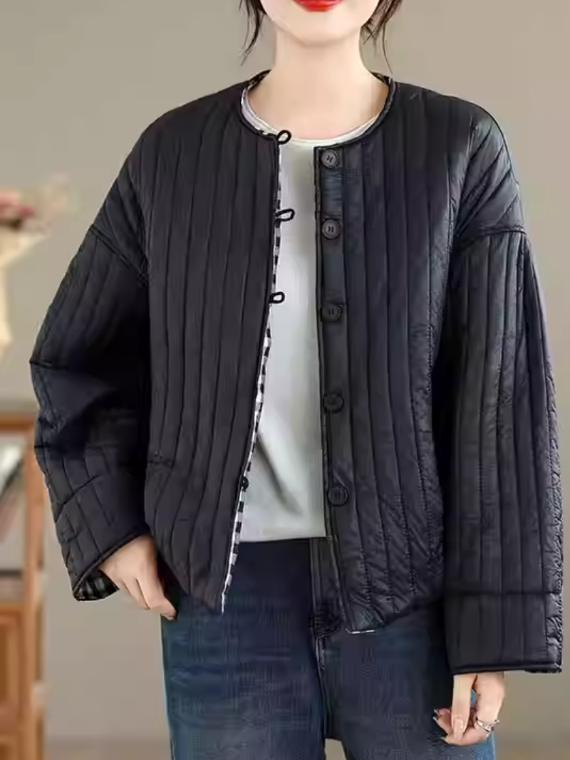 Chic Quilted Jacket, Round-Neck Boxy Silhouette with Gingham Cuff Detail