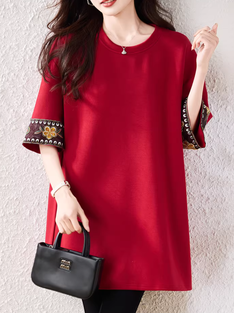 Embroidered Sleeve A-Line Tunic Top for Effortless Chic Everyday Style