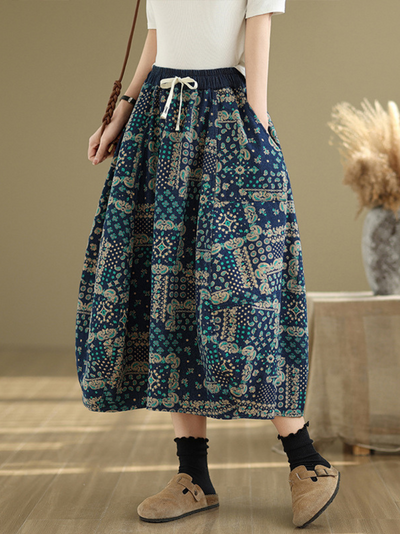 Women's Casual Loose Waist  Flower Bud Retro Side Pocket Skirt