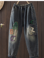 Women's  Perfect Retro Jeans Embroidered  Patch Loose Bottom