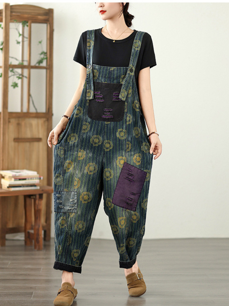 Denim floral décontracté et tendance des femmes Dungaree dans l'ensemble