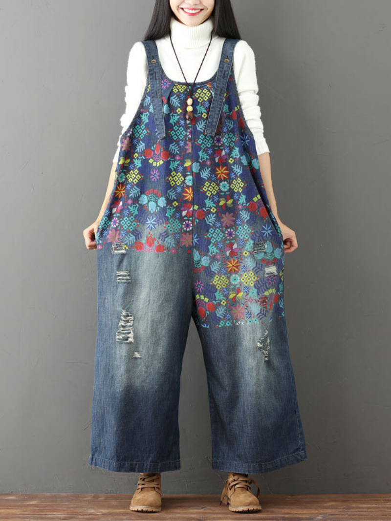 Chic Women's Loose Wide-Leg Floral Denim Overalls | Eva Trends
