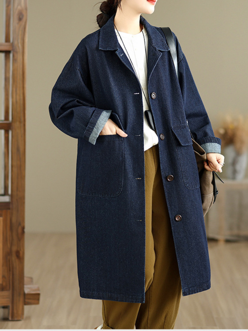 Artfully Relaxed Long Denim Cotton Coat with Notched Collar, Patch Pockets