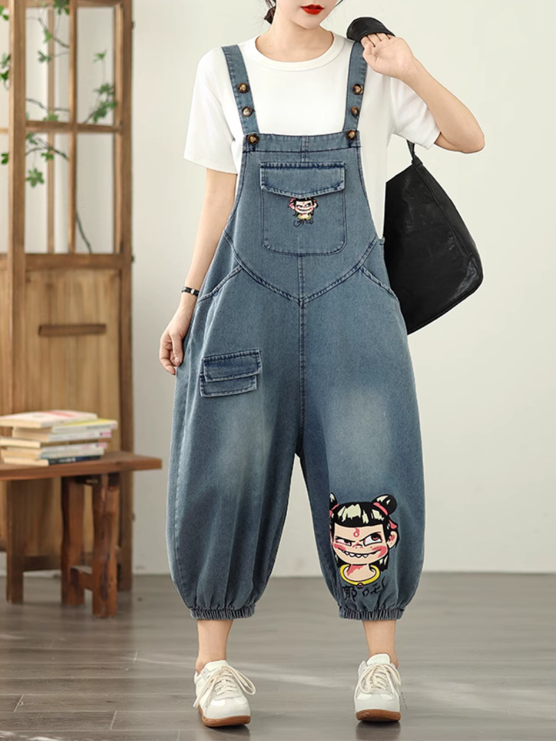 Trendy Cartoon Style Denim Dungarees for Women