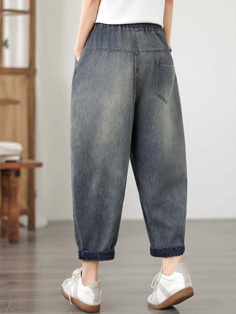 Artful Doodle Denim Cotton Tapered Pants, Relaxed Casual Women’s Jeans