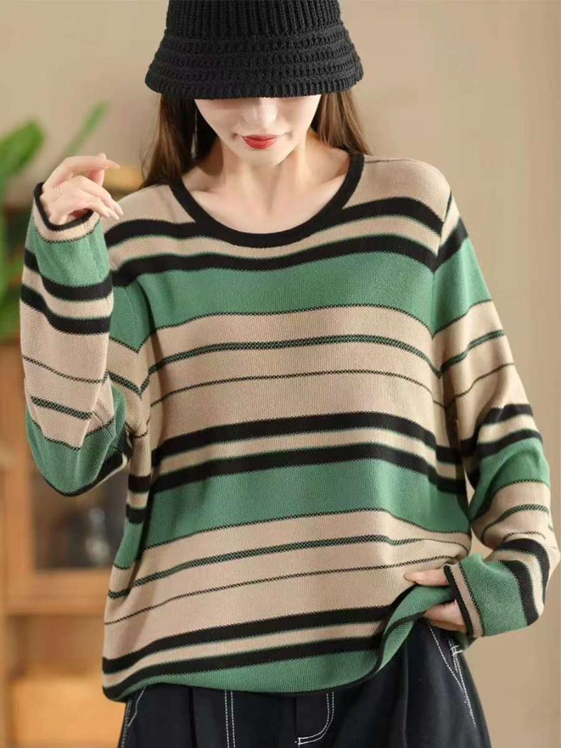 Women’s Retro Stripe Cotton Knit Pullover Sweater