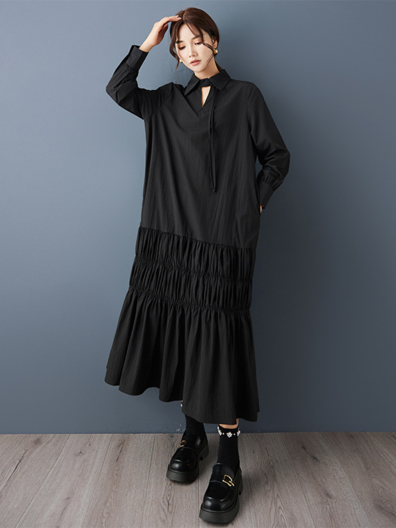 Chic Collared Tiered Maxi Dress with Tie Neck and Ruched Hem