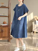 Relaxed Curved-Hem Denim Dress with Patch Pockets in Cotton A-Line