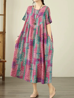 Artisanal Boho Midi Dress in Cotton Linen Blend, Relaxed Painterly Print