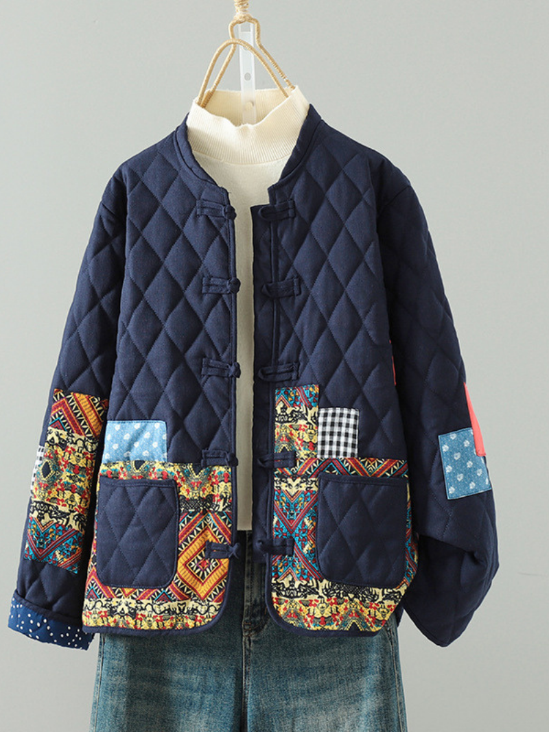 Patchwork Quilted Mandarin-Collar Jacket in Cotton & Flax, Women's Outerwear