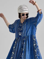 Artisanal Stripe Print V-Neck Maxi Dress in Luxe Nylon-Cotton Blend