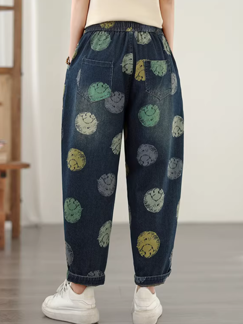Artful Relaxed Drawstring Denim Cotton Pants, Women’s Baggy Jeans with Tapered Cuff