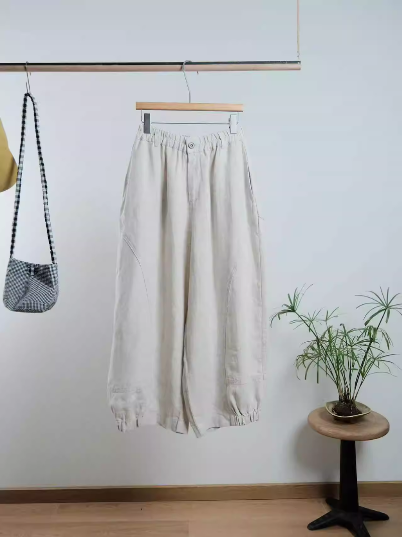 Relaxed Lantern Cotton Linen Pants with Elastic Cuffs, Effortless Summer Chic