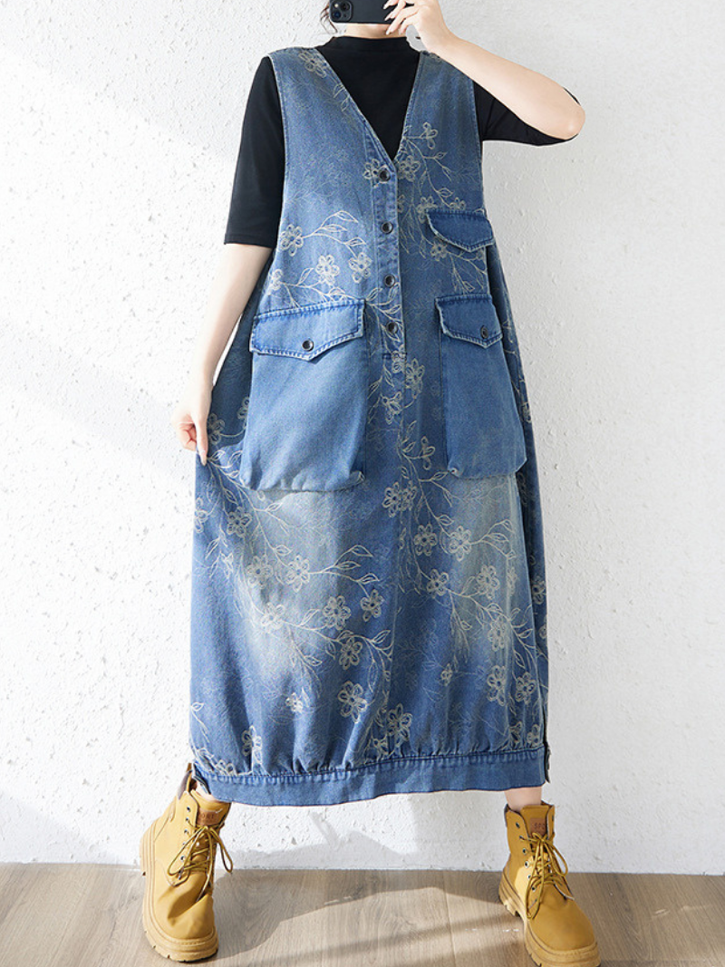 Floral Patchwork Denim Dress Pinafore Maxi with Oversized Pockets, Effortless Poise